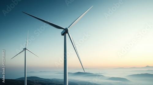 Wallpaper Mural Environmental considerations concept. Two wind turbines stand tall against a serene landscape, showcasing renewable energy in a clear, blue sky at dawn. Torontodigital.ca