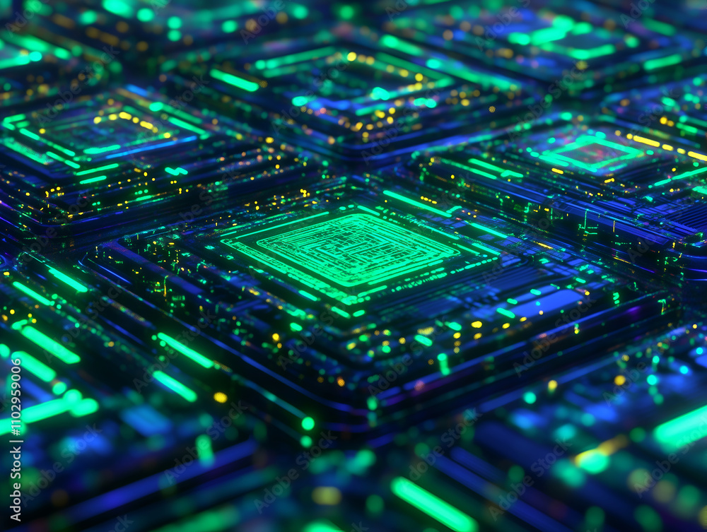 Obraz premium Futuristic geometric grid pattern, in style of sci-fi digital art, 3D wireframe visuals with glowing neon blue and green circuits, complex shapes overlapping, immersive, high-tech, intricate, sleek