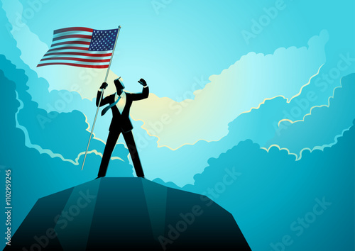 Businessman standing confidently atop a rock, holding the American flag high. Symbolizing leadership, success, and empowerment, this powerful pose embodies strength and determination