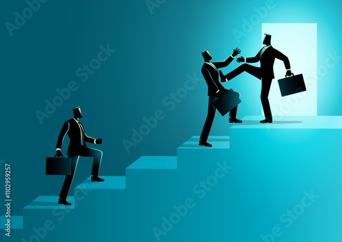 Businessman kicking a colleagues attempting to climb stairs. Symbolizing toxic competition, unethical business practices, office politics, professional rivalry, and workplace sabotage