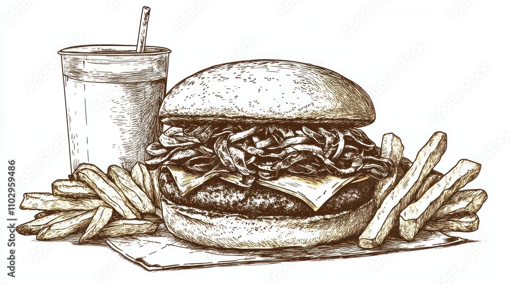 Fototapeta premium A hand-drawn illustration of a burger with fries and a drink, depicting a classic meal.