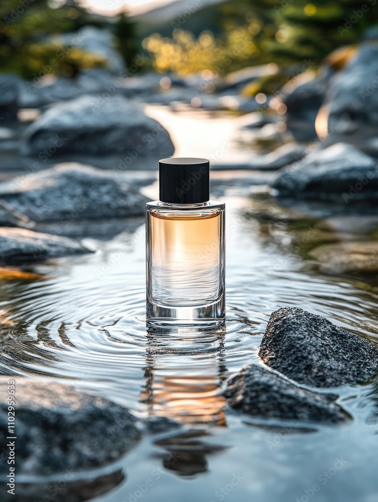 A bottle of perfume floats on the water, surrounded by rocks and ripples. A bottle of perfume floats on the water, surrounded by rocks and ripples.