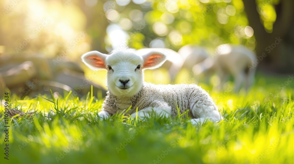 Adorable lamb playing with green grass in a sunny garden Adorable lamb playing with green grass in a sunny garden