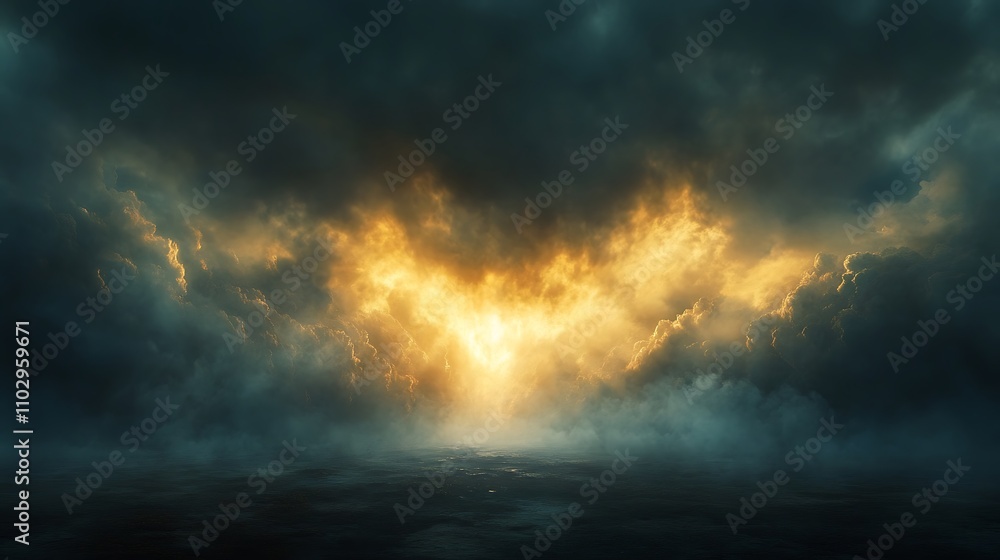 Radiant light shining through heavy storm clouds, rays illuminating the dark sky, capturing the essence of hope, renewal, and resurrection, soft mist rising from the ground, Radiant light shining through heavy storm clouds, rays illuminating the dark sky, capturing the essence of hope, renewal, and resurrection, soft mist rising from the ground,