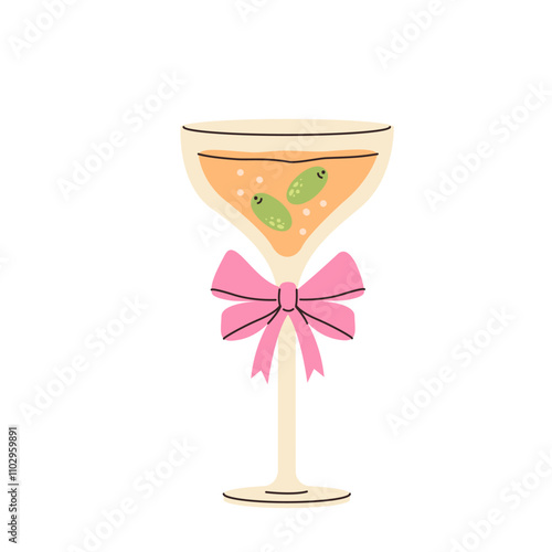 Olive cocktail. Alcohol drink. Party beverage. Glass with bow. Martini.