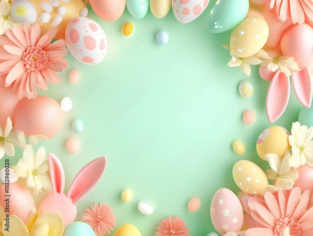 Pastel Easter Eggs, Flowers, and Bunny Ears Frame on Mint Green Background Pastel Easter Eggs, Flowers, and Bunny Ears Frame on Mint Green Background