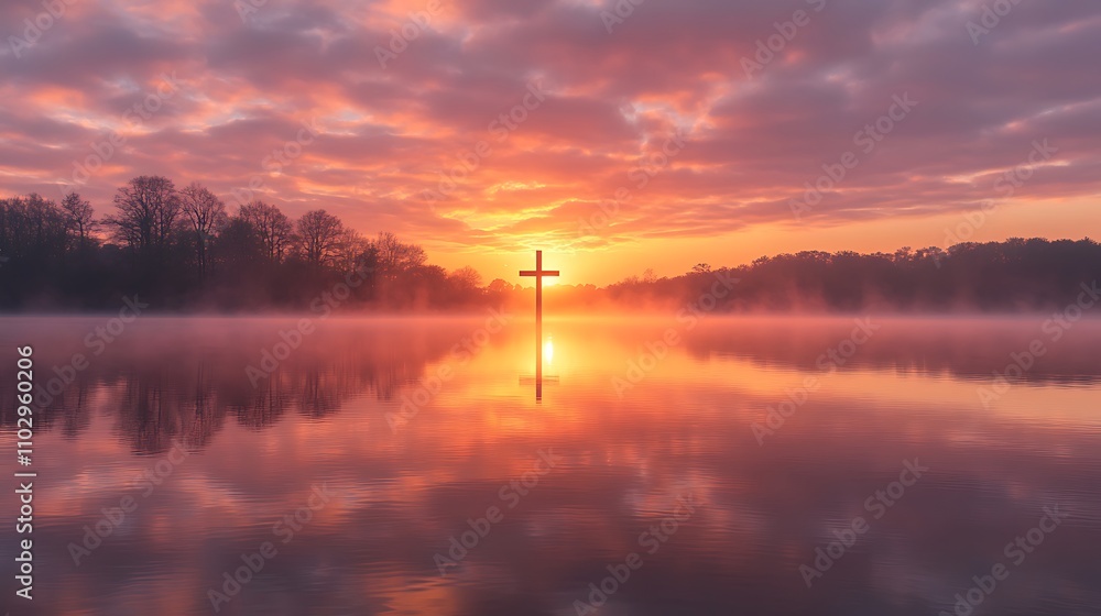 Silhouette of a cross against a vibrant Easter sunrise, golden and pink hues filling the sky, reflections on a calm lake surface, mist rising gently from the water, serene and peaceful atmosphere, Silhouette of a cross against a vibrant Easter sunrise, golden and pink hues filling the sky, reflections on a calm lake surface, mist rising gently from the water, serene and peaceful atmosphere,