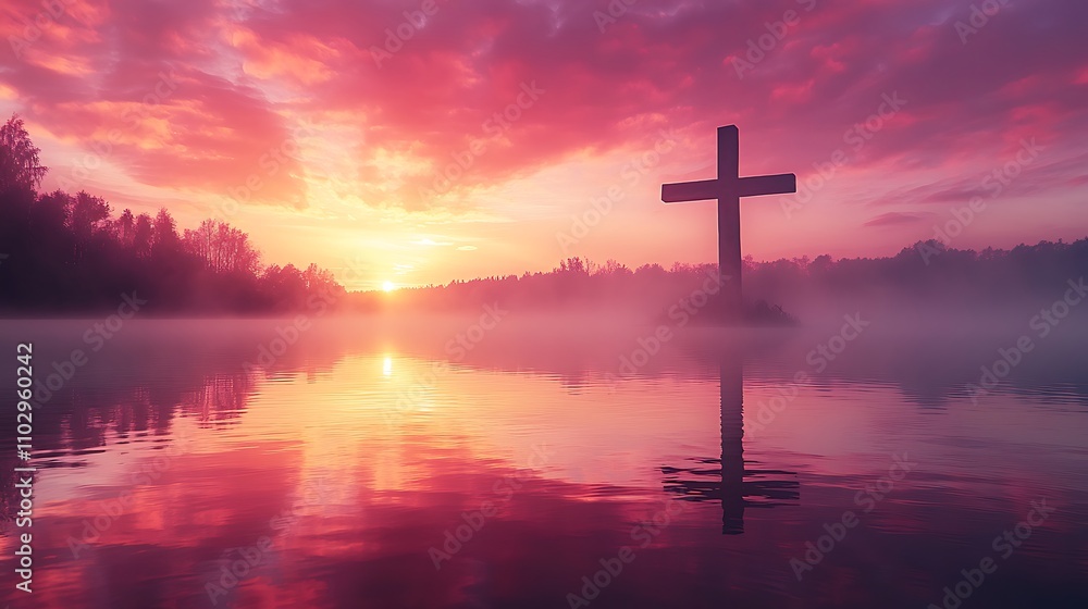 Silhouette of a cross against a vibrant pink and orange Easter sunrise, reflections mirrored on the surface of a tranquil lake, soft mist floating above the water, Silhouette of a cross against a vibrant pink and orange Easter sunrise, reflections mirrored on the surface of a tranquil lake, soft mist floating above the water,