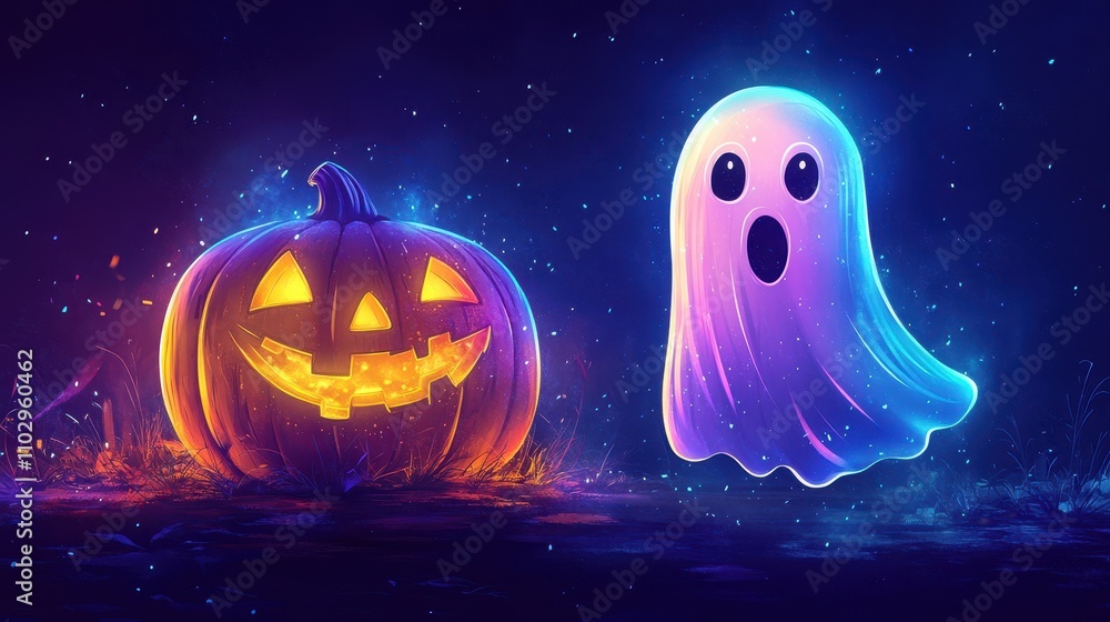 Glowing jack-o'-lantern and colorful cartoon ghost in spooky night scene Glowing jack-o'-lantern and colorful cartoon ghost in spooky night scene