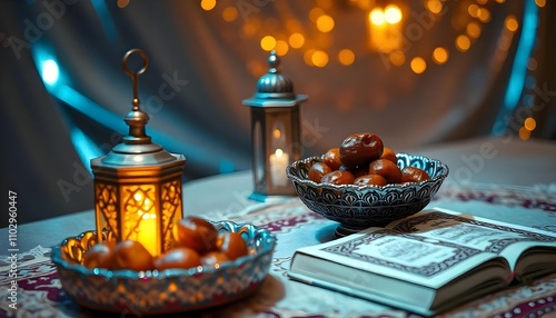 Traditional Ramadan Table with Dates and Lantern