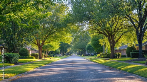 an image of a suburban road flanked by leafy trees and bushes, providing shade and a natural touch to the neighborhood-