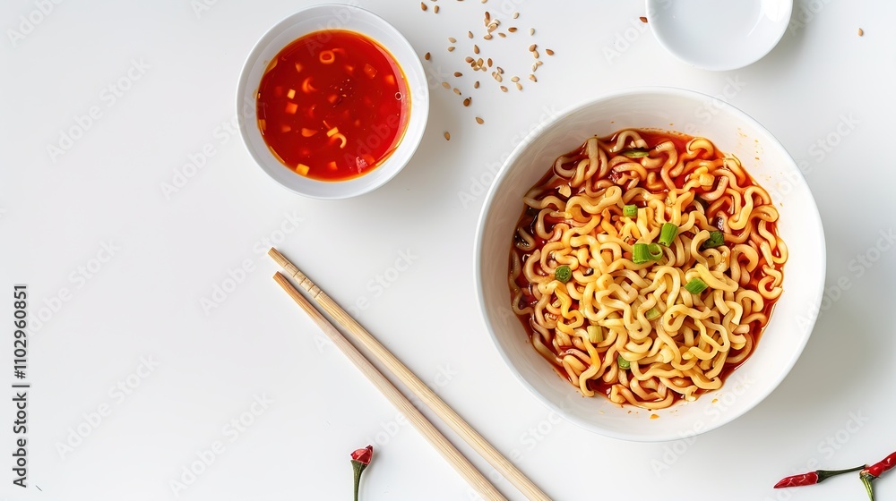 Instant Noodles on a White Background - A Tempting and Convenient Food Display. The Colorful and Enticing Instant Noodles on the Plain White Background, with Their Rich Flavors and Varied Textures Instant Noodles on a White Background - A Tempting and Convenient Food Display. The Colorful and Enticing Instant Noodles on the Plain White Background, with Their Rich Flavors and Varied Textures