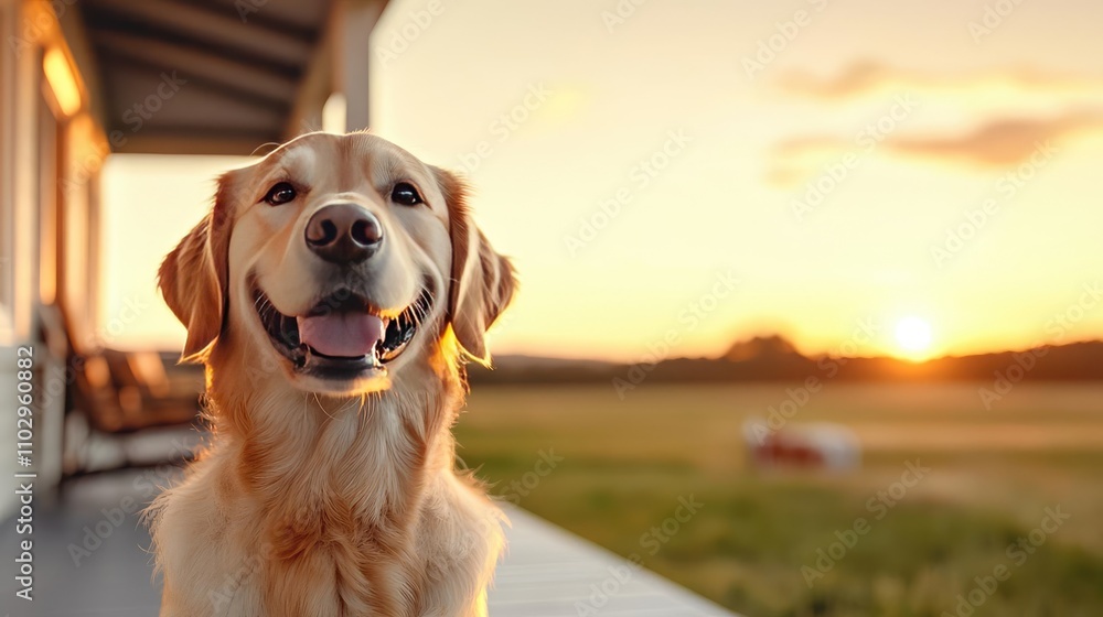 Happy golden retriever on porch during sunset, outdoor scene. Happy golden retriever on porch during sunset, outdoor scene.