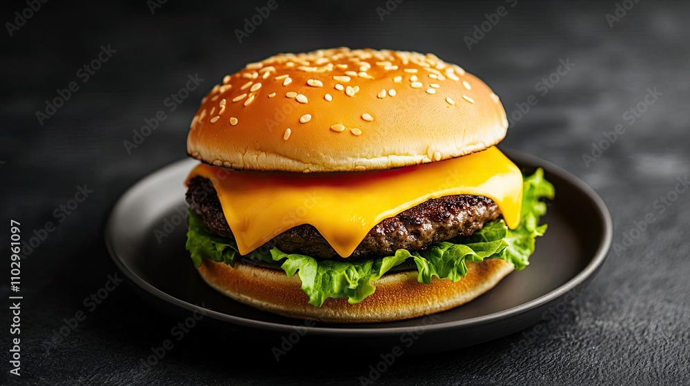 Delicious cheeseburger with lettuce, cheese, and sesame seed bun on a dark background. Delicious cheeseburger with lettuce, cheese, and sesame seed bun on a dark background.