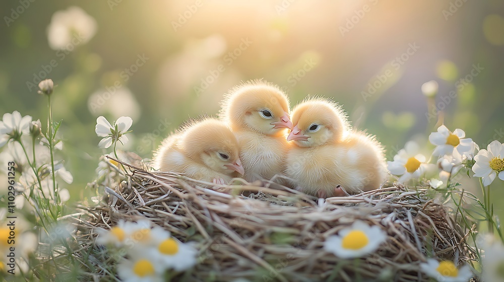 Tiny yellow chicks huddled together in a nest made of straw and spring flowers, soft pastel colors in the background, sunlight casting a gentle glow on their feathers, Tiny yellow chicks huddled together in a nest made of straw and spring flowers, soft pastel colors in the background, sunlight casting a gentle glow on their feathers,