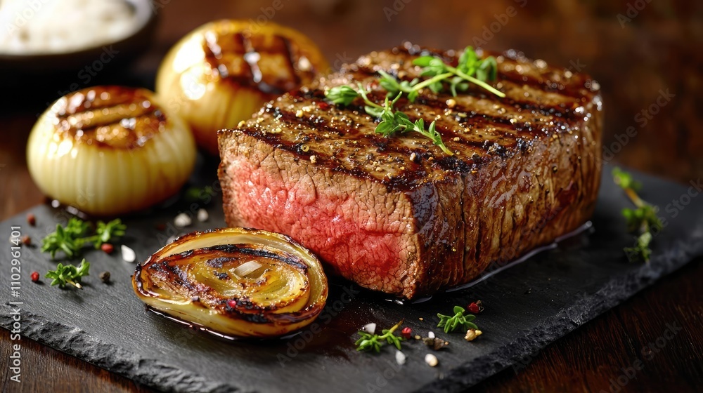 Grilled steak with caramelized onions and fresh herbs on a rustic wooden surface. Grilled steak with caramelized onions and fresh herbs on a rustic wooden surface.