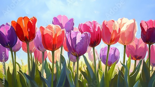 Tulips in various shades of pink and purple blooming under a clear blue sky, bright sunlight illuminating the petals, lush green stems and leaves, soft-focus meadow background,