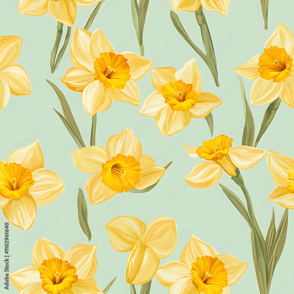 Daffodils bloom in bright yellow against a soft green background during springtime Daffodils bloom in bright yellow against a soft green background during springtime