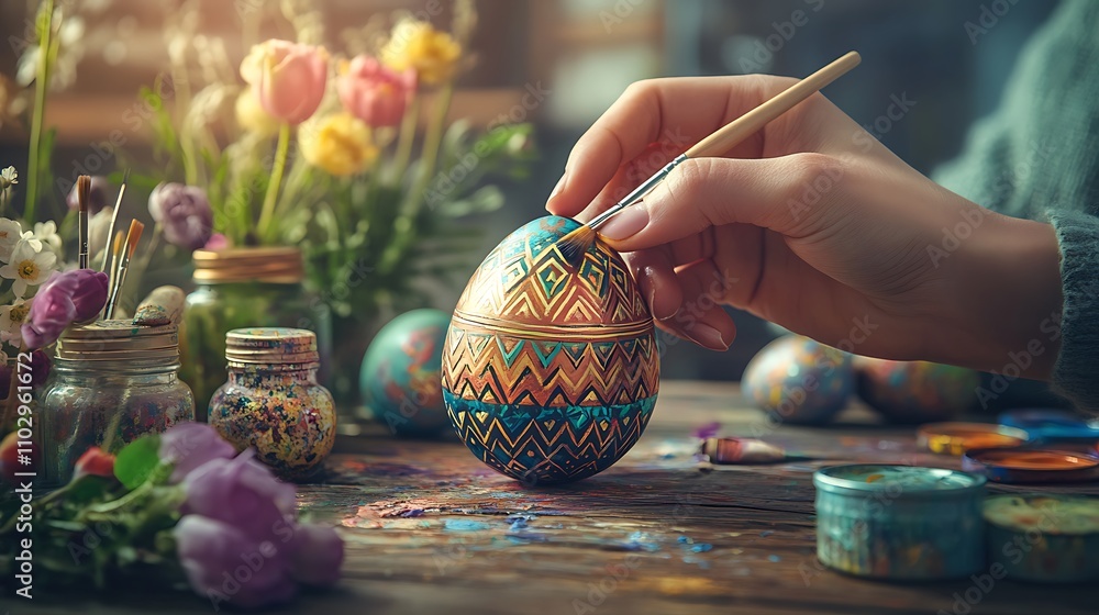 Two hands painting a beautiful Easter egg with intricate geometric patterns, pastel and metallic paints glistening, soft-focus background of a wooden table with paint jars, brushes,