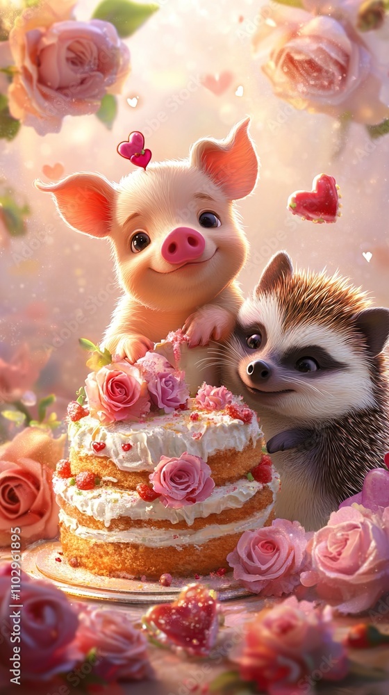 Adorable Pig and Hedgehog Sharing a Delicious Birthday Cake Adorable Pig and Hedgehog Sharing a Delicious Birthday Cake