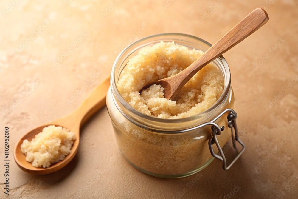 A jar of granulated sugar is sitting on a table with two wooden spoons A jar of granulated sugar is sitting on a table with two wooden spoons