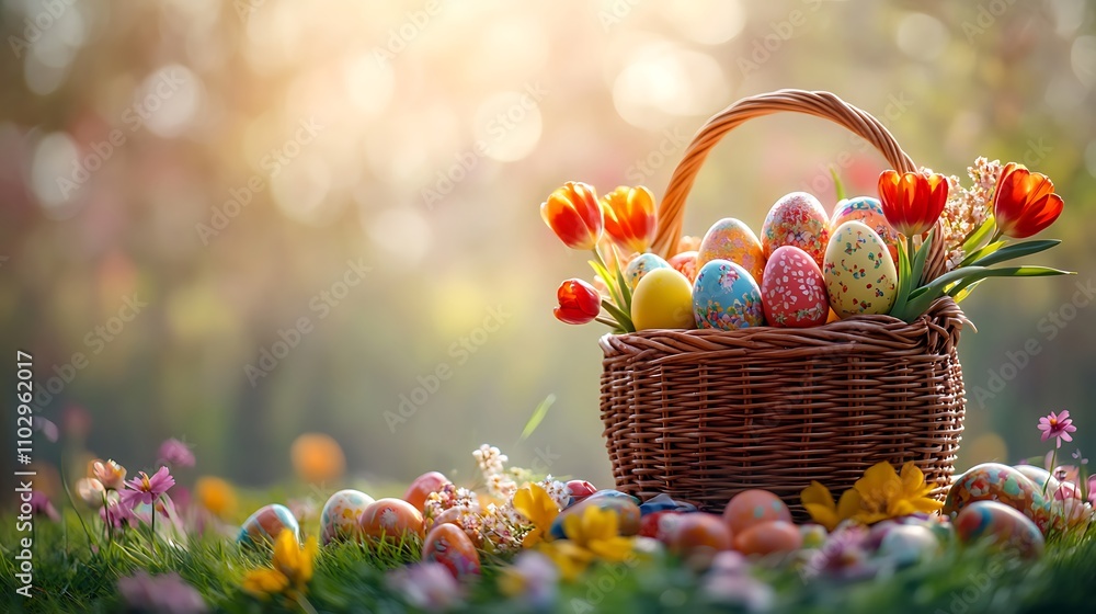 Wicker basket filled with bright, intricately decorated Easter eggs, pastel candy, and blooming tulips, sunlight illuminating the basket's contents, vibrant and detailed colors, soft background blur, Wicker basket filled with bright, intricately decorated Easter eggs, pastel candy, and blooming tulips, sunlight illuminating the basket's contents, vibrant and detailed colors, soft background blur,