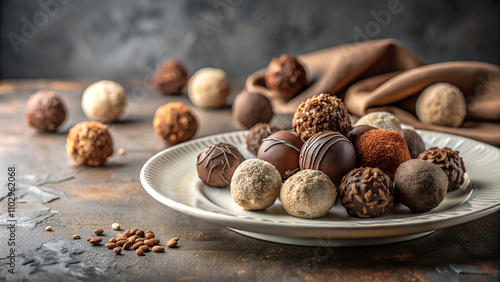 Arrangement of Chocolate Truffles, texturally diverse, on White Ceramic Plate under Soft Studio Lighting, creating a Warm Mood photo