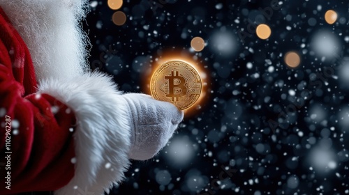 Santa holding bitcoin as a unique christmas gift winter wonderland holiday scene close-up digital currency concept