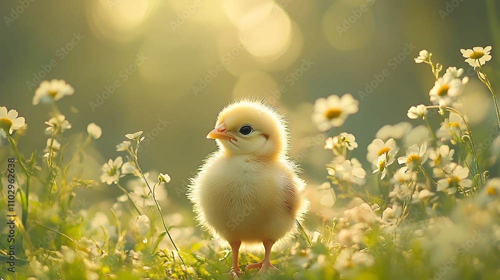 A fluffy baby chick standing in a vibrant green meadow, surrounded by tiny wildflowers, soft sunlight illuminating its golden feathers, shallow depth of field blurring the background, A fluffy baby chick standing in a vibrant green meadow, surrounded by tiny wildflowers, soft sunlight illuminating its golden feathers, shallow depth of field blurring the background,