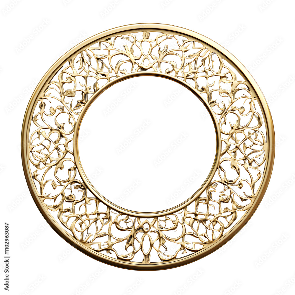A decorative golden circular frame with intricate floral patterns. A decorative golden circular frame with intricate floral patterns.