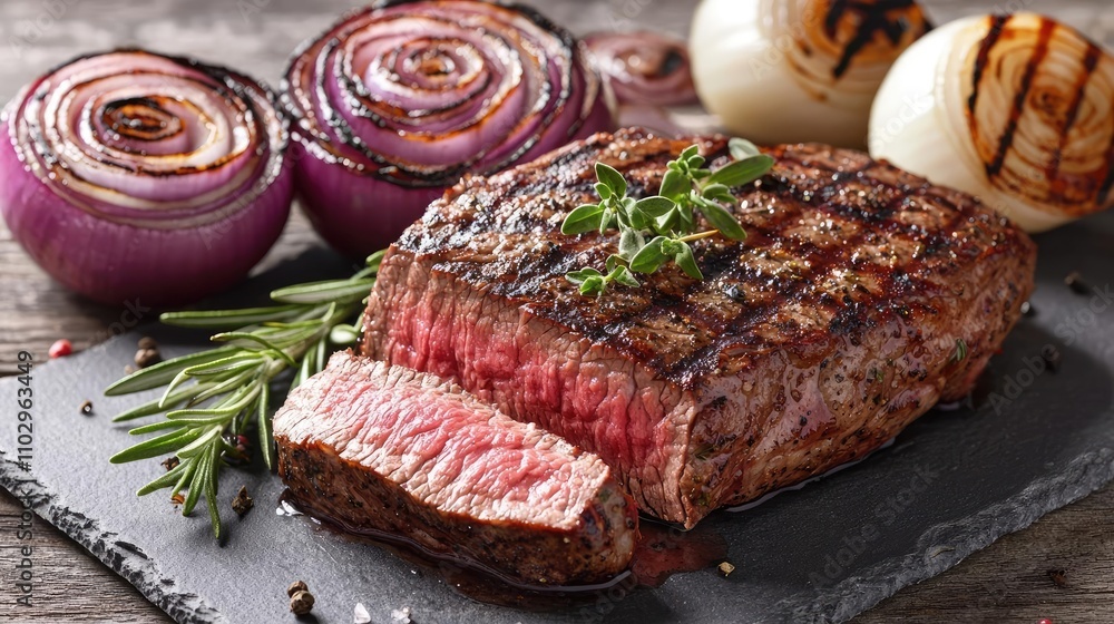 Grilled steak with herbs, accompanied by grilled onions and rosemary, on a slate board.