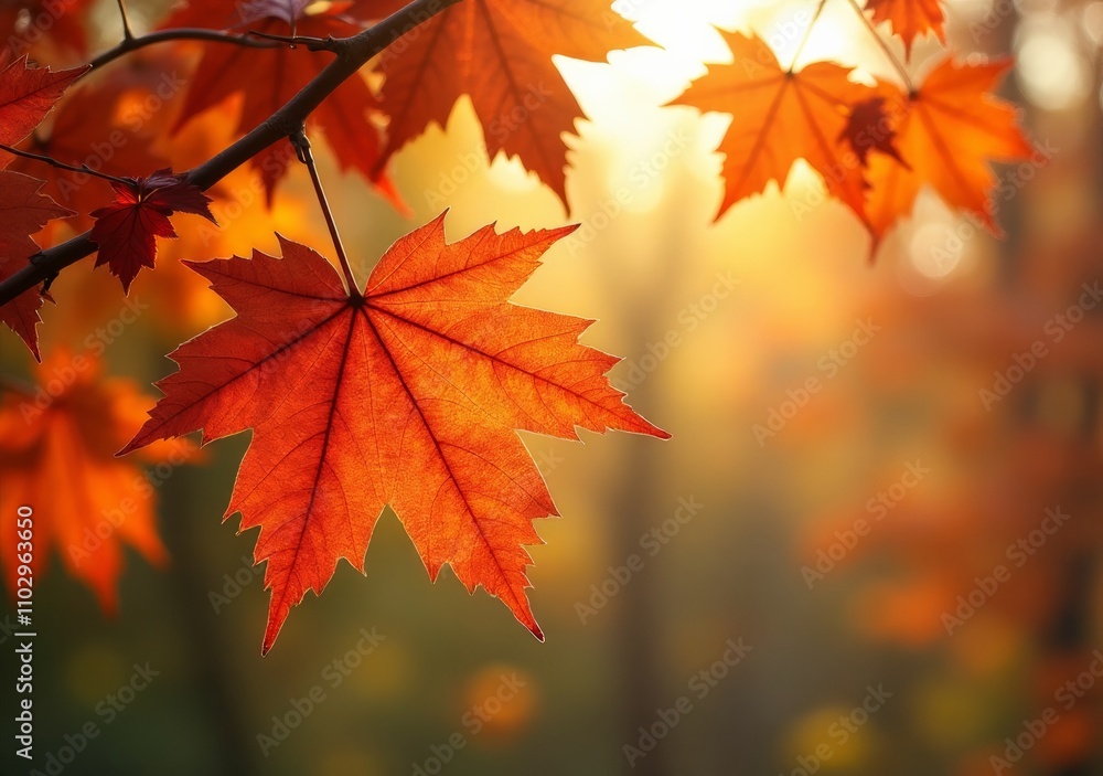 Beautiful autumn maple leaves illuminated by warm sunlight in a serene forest setting Beautiful autumn maple leaves illuminated by warm sunlight in a serene forest setting