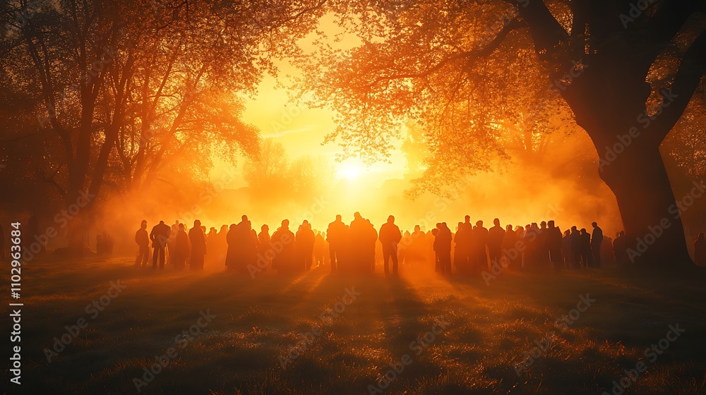 A serene Easter sunrise service with a congregation standing together in a park, sunlight streaming through tree branches, soft mist hovering over the ground, colorful sky filled with warm tones, A serene Easter sunrise service with a congregation standing together in a park, sunlight streaming through tree branches, soft mist hovering over the ground, colorful sky filled with warm tones,