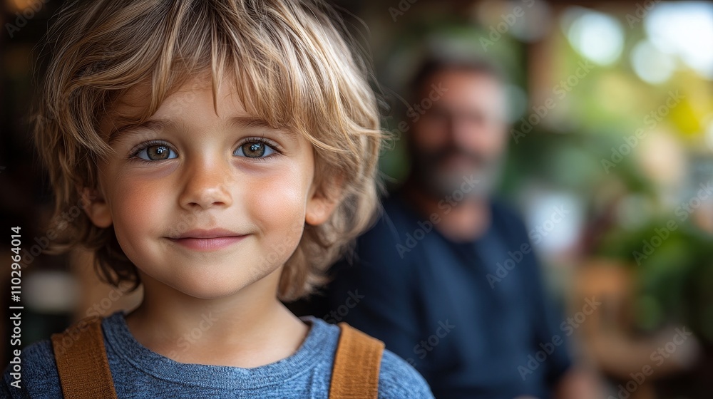 handsome caucasian little boy in the foreground, in the background dad, fathers day, happy childhood handsome caucasian little boy in the foreground, in the background dad, fathers day, happy childhood