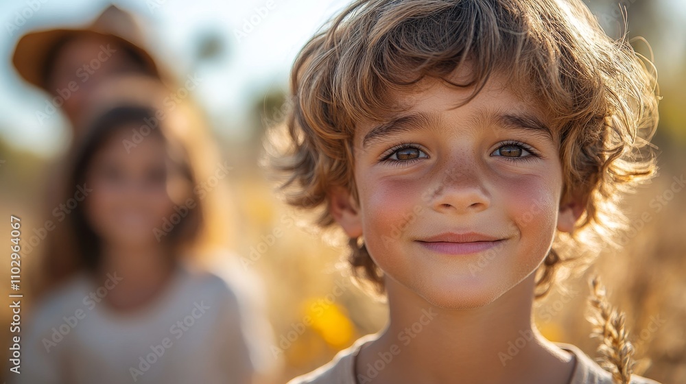 smiling little boy in the foreground, in the background friends or family