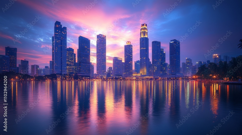 Modern Skyline with Reflections at Dusk Modern Skyline with Reflections at Dusk