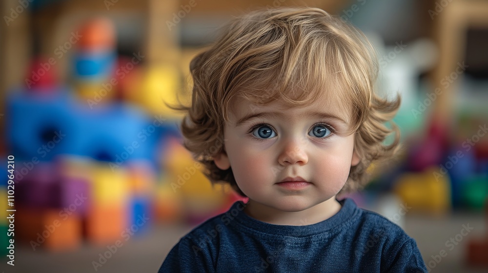 little baby in the foreground, in the background colorful toys, children's games at home little baby in the foreground, in the background colorful toys, children's games at home