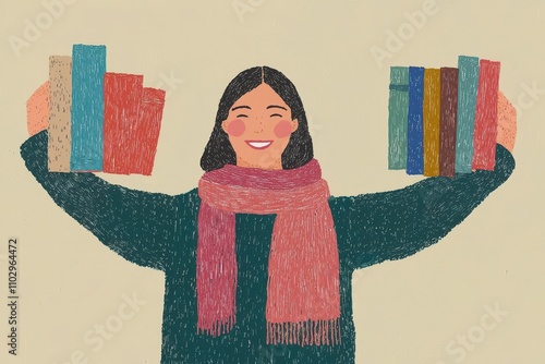 Happy woman holding books with cozy scarf: colorful reading concept