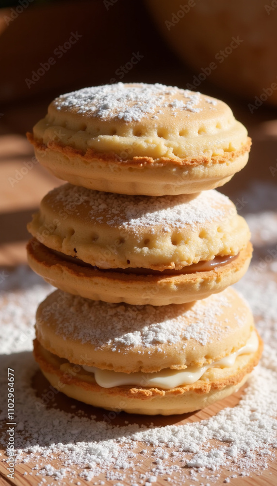 Close-up of alfajores dusted with powdered sugar Close-up of alfajores dusted with powdered sugar