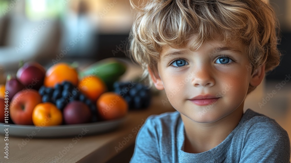 portrait of little blonde boy with fresh healthy fruits and berries in the background, organic snack for children, closeup
