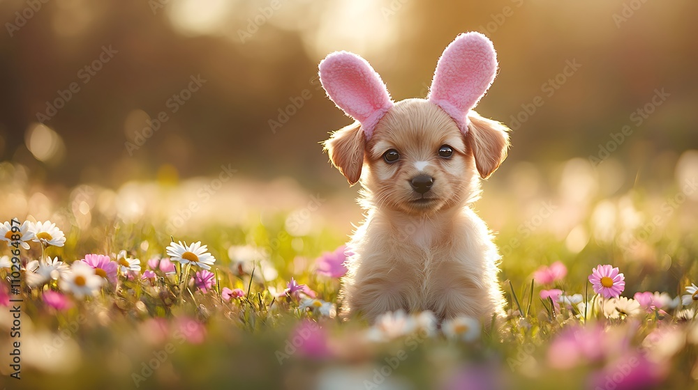 Adorable puppy wearing pink bunny ears, sitting in a field of colorful daisies, soft sunlight highlighting its fur, playful and cute expression, capturing the lighthearted spirit of Easter, Adorable puppy wearing pink bunny ears, sitting in a field of colorful daisies, soft sunlight highlighting its fur, playful and cute expression, capturing the lighthearted spirit of Easter,