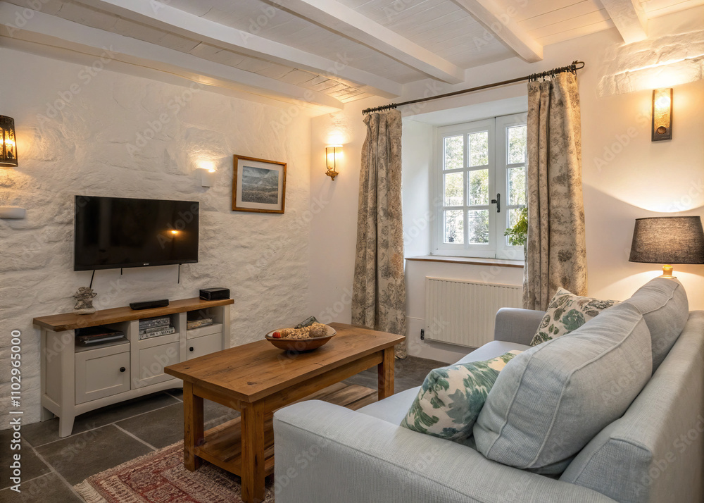 Fototapeta premium Rustic Cottage Living Room with Stone Walls