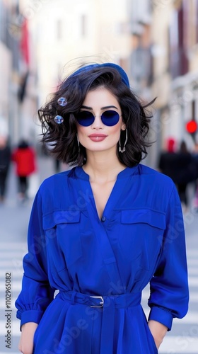 Fashionable Woman in Blue Outfit with Sunglasses on Urban Street