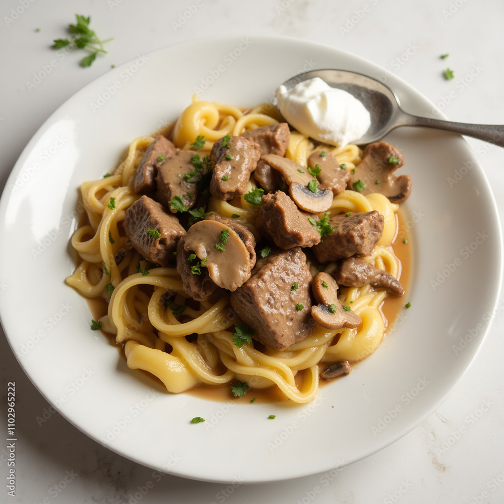 Close-up of tender beef strips in creamy mushroom sauce Close-up of tender beef strips in creamy mushroom sauce