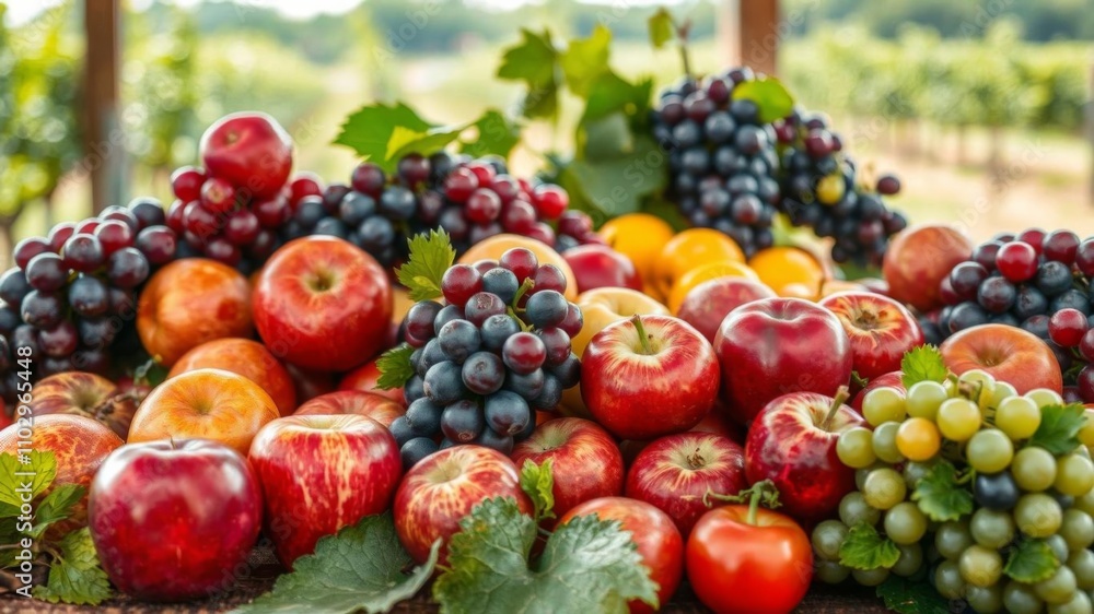 Close up of grapes in wooden crate on table with branch in middle, grapes in frame, wooden crate, arrangement Close up of grapes in wooden crate on table with branch in middle, grapes in frame, wooden crate, arrangement