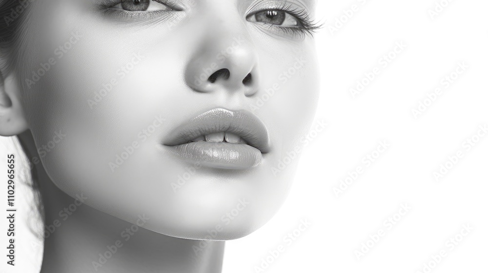 Monochrome close-up portrait of a beautiful woman showcasing flawless skin and serene expression against a white background. Monochrome close-up portrait of a beautiful woman showcasing flawless skin and serene expression against a white background.