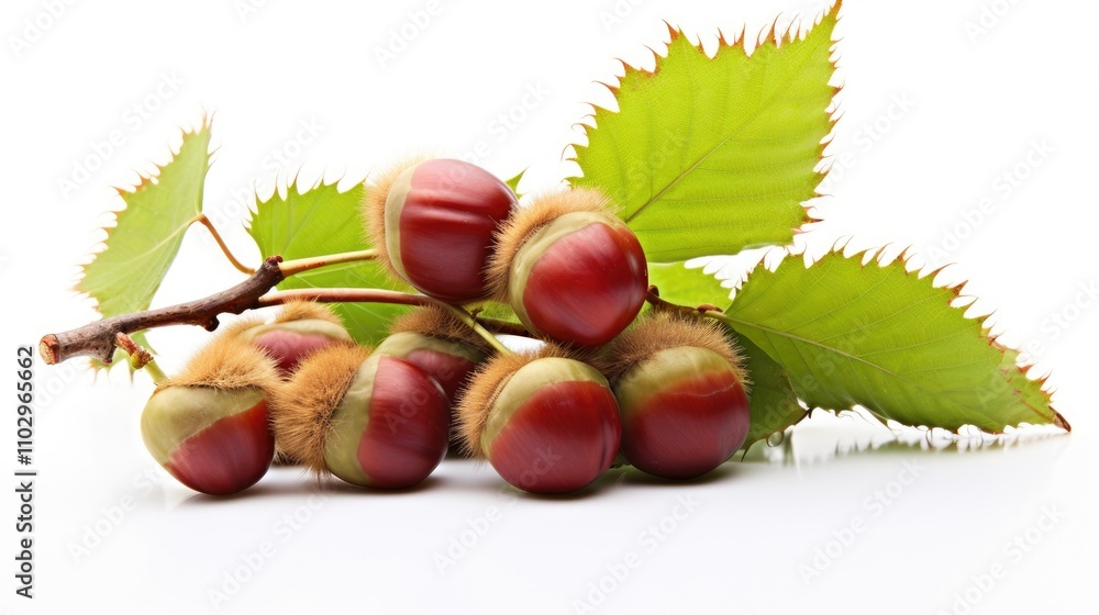 Ripening sweet chestnuts on branches with lush green leaves isolated on white background showcasing natural autumn harvest. Ripening sweet chestnuts on branches with lush green leaves isolated on white background showcasing natural autumn harvest.