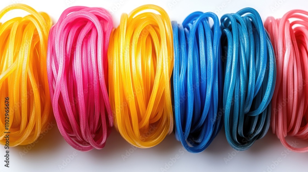 Colorful elastic bands arranged neatly on a white background showcasing their vibrant hues and flexibility for creative applications.