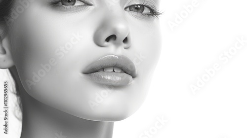 Monochrome close-up portrait of a beautiful woman showcasing flawless skin and serene expression against a white background.