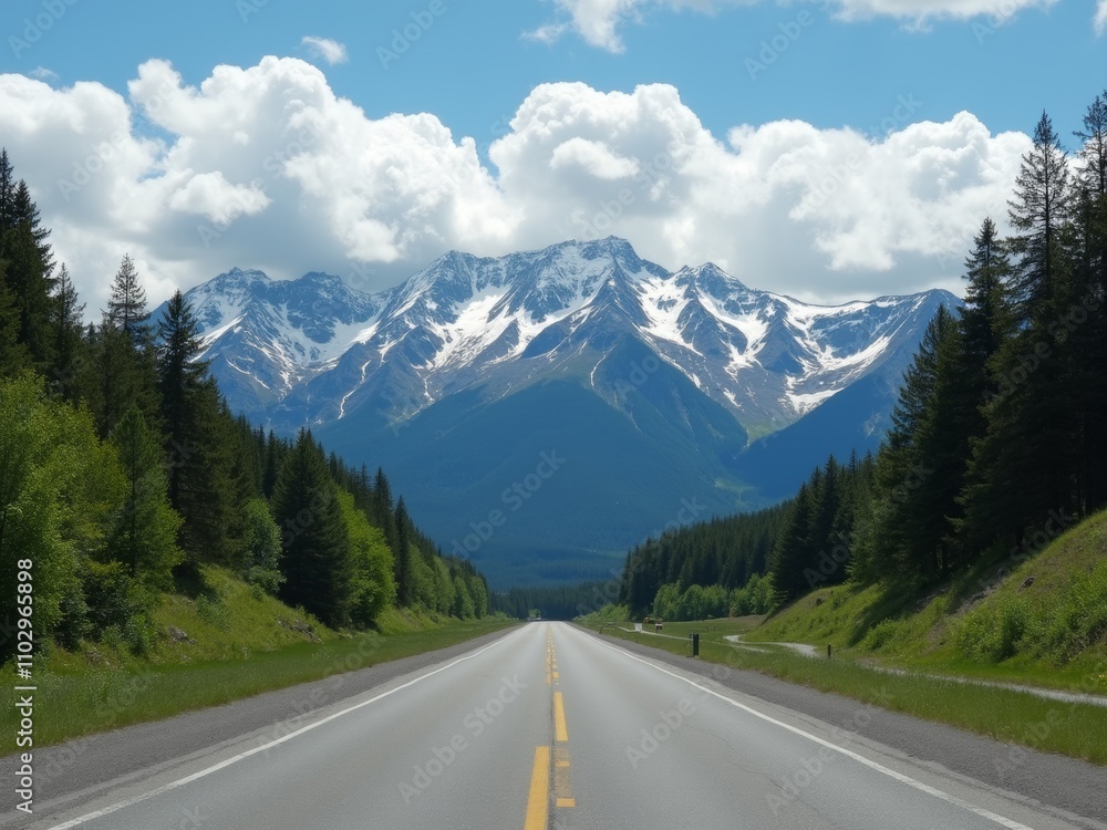 Fototapeta premium Scenic Mountain Landscape With Snow-Capped Peaks and a Clear Highway Under a Blue Sky in Summer